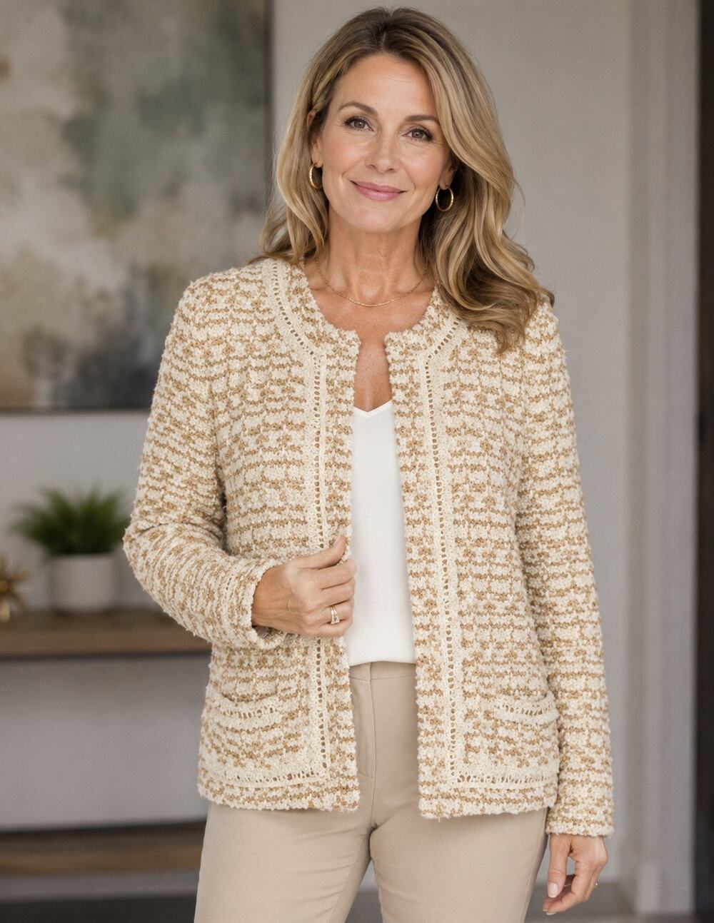 Salvatore Ferragamo Italy Boucle Knit Jacket Cardigan Cream Camel Women’s Large